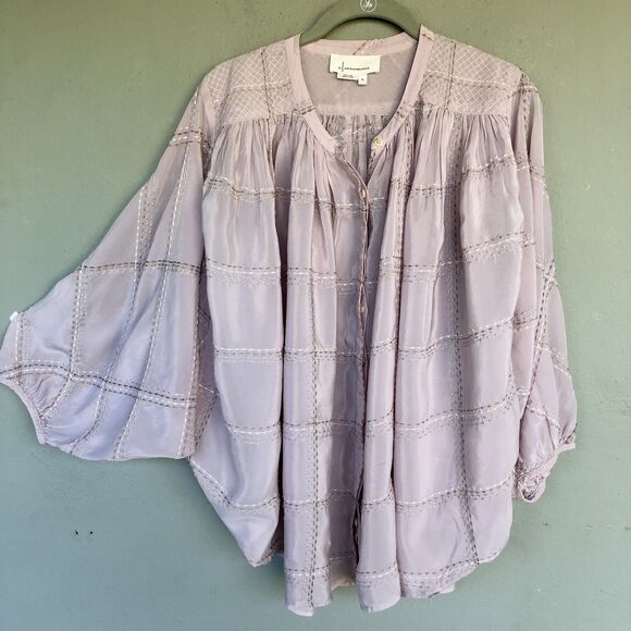 Anthropologie Sarabeth Embroidered Peasant Button Blouse XL Pink Oversized Boho - Picture 2 of 15